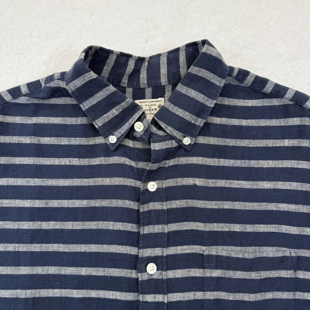 J.Crew 100% Linen Button Down Shirt SS Blue Gray Stripe Fisherman Coastal Mens M